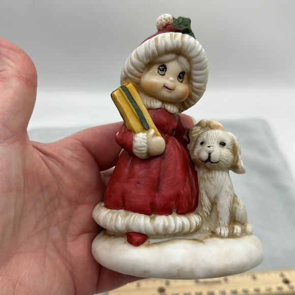 Porcelain Little Girl Dressed For Christmas with Present & White Puppy - Picture 5 of 6
